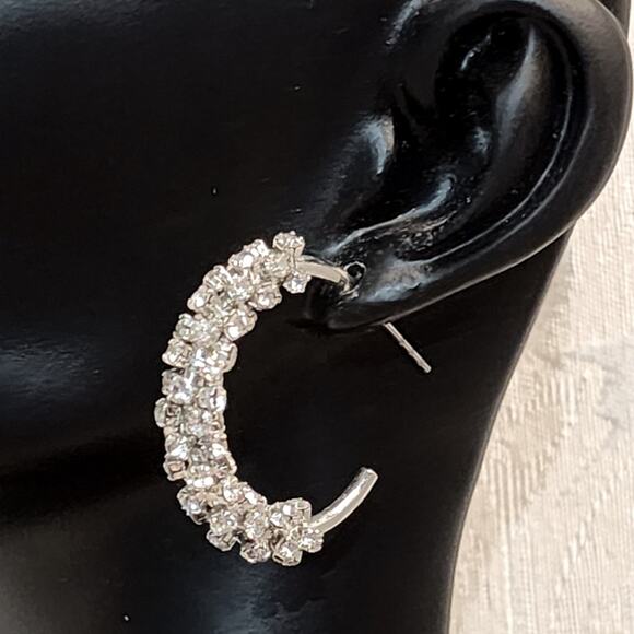 Vintage 70's Silver Tone Crystals Hoops Earrings - Picture 1 of 11